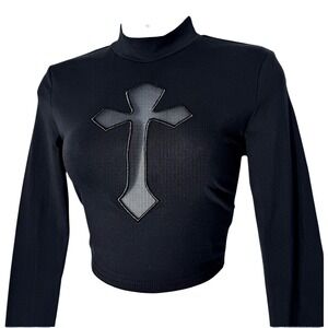 New XS Cotton Mesh Cross Gothic Black Mock Neck Long Sleeve Crop Top